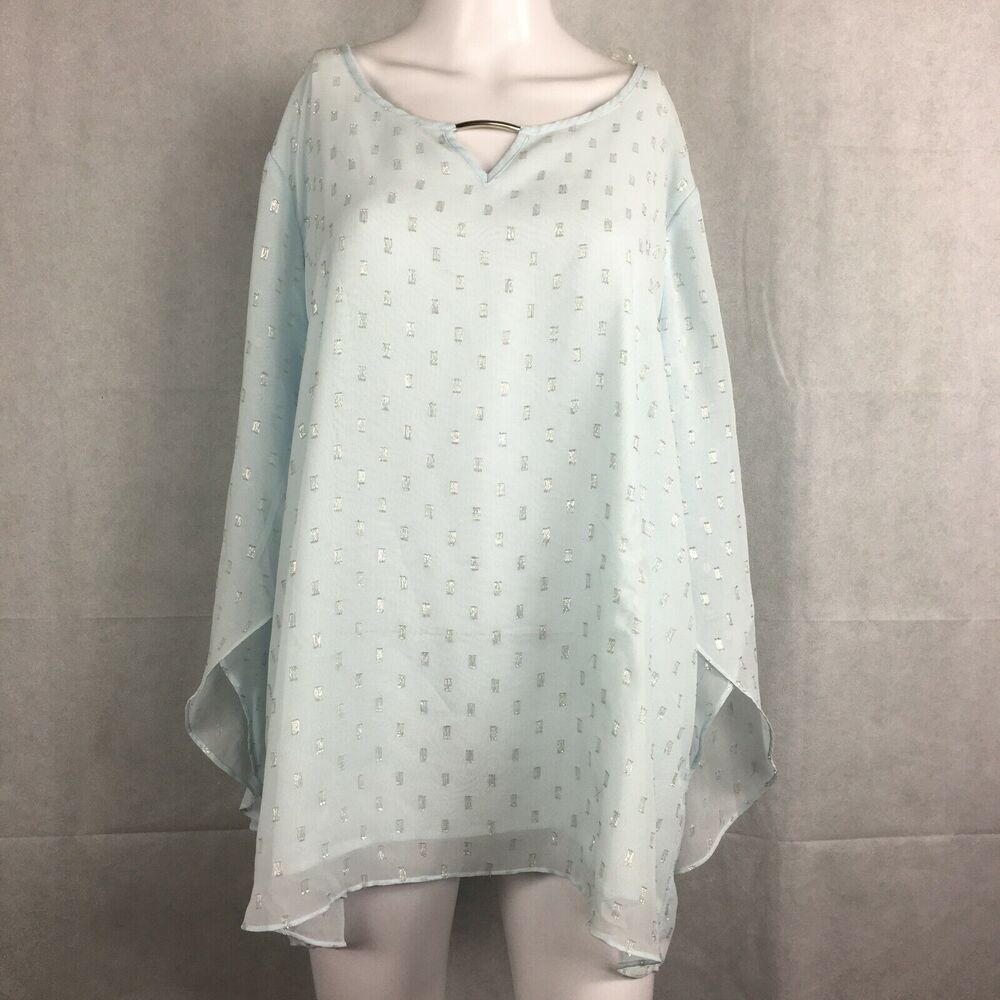 NWT Krazy Kat Shirt Womens Sz XXL Blue Aqua Silver Bar Chiffon Flowy Tunic Top